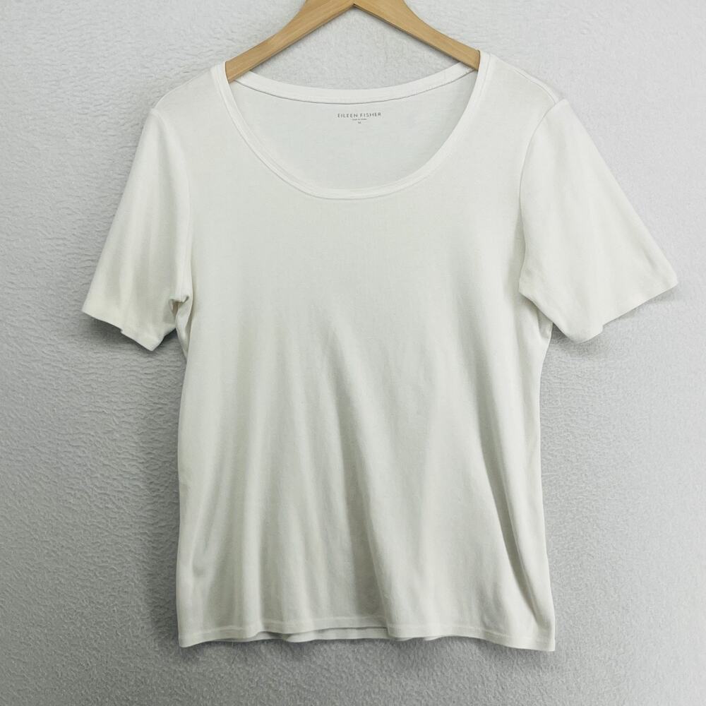 EILEEN FISHER Top M Organic Cotton Ribbed Jersey Scoop Neck Short Sleeve White